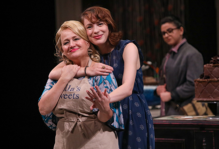 Christine Mirzayan as Macy, Julia Gibson as Della and Jenny Latimer as Jen in Playmakers Repertory Company’s production of “The Cake.” Photo by HuthPhoto.