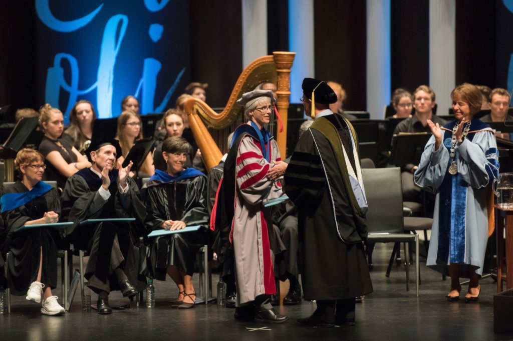 Allbritton recieving the faculty service award at the University Day ceremony, held Thursday October 12, 2017 at Memorial Hall. Photo by John Gardiner.