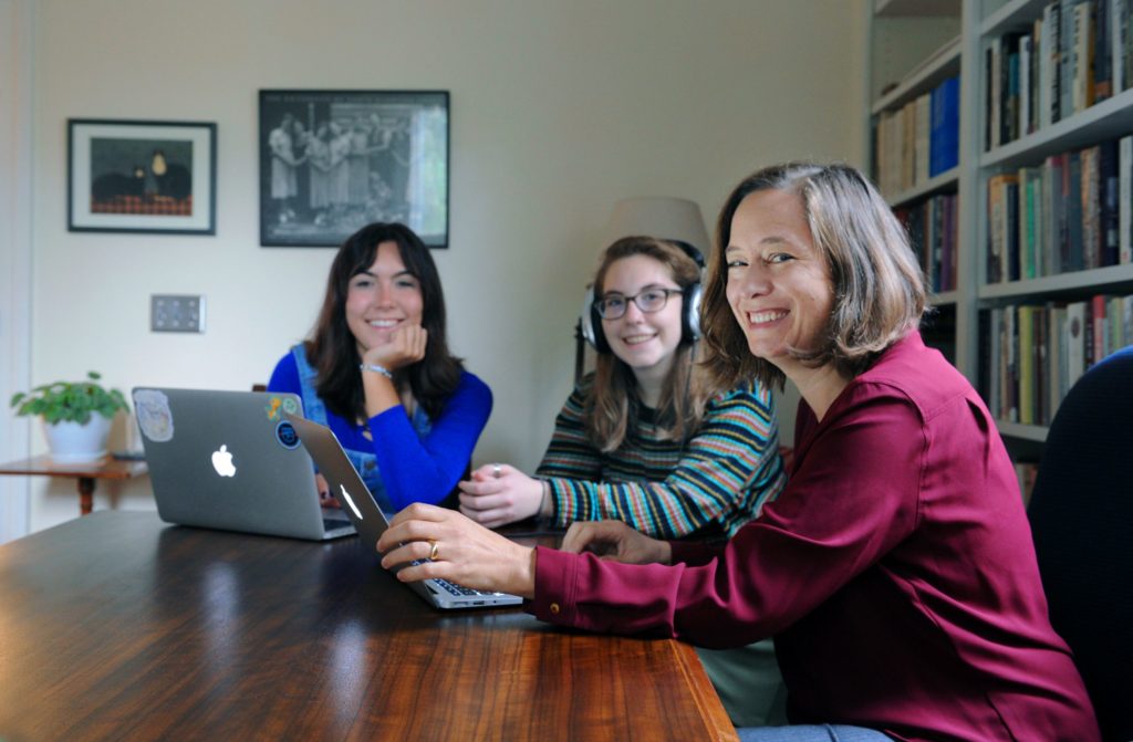 From left, undergraduate students Sydney Lopez and Liv Linn and SOHP director Rachel Seidman at the Center for the Study of the American South. (photo by Donn Young)