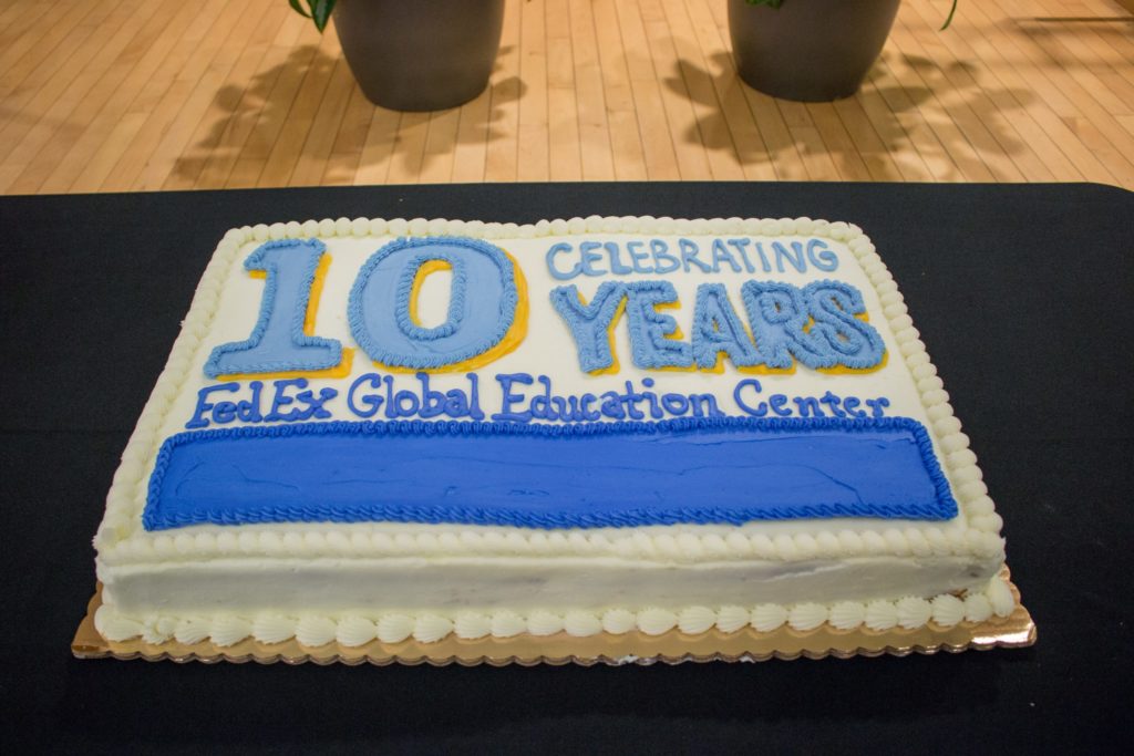 cake that says "Celebrating 10 Years: FedEx Global Education Center"