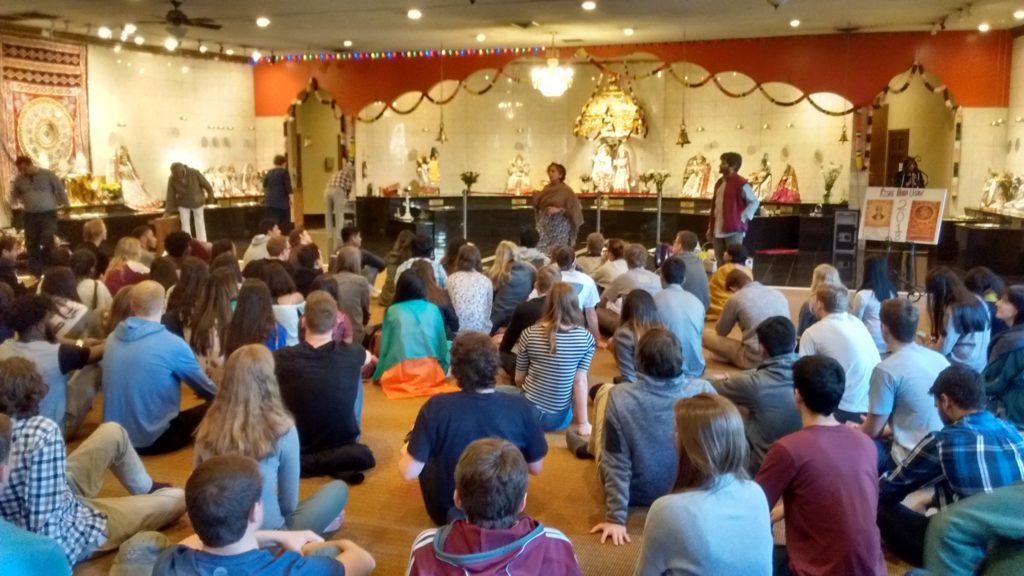 Participants at the Hindu Bhavan temple in Morrisville, one of the stops for the annual Religions Field Trip, watched preparations for a Vedic fire ceremony.