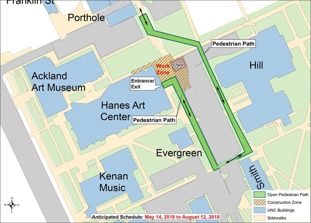 Map showing details of buildings surrrounding Hanes Art Center, including Ackland Art Museum and Kenan Music Building and Hill Hall and the work zone that will be impacted by the Hanes Art Center roof construction project. The roof replacement project will require the closure of a portion of the Swain Parking Lot and walkways along the perimeter of the building. Pedestrians should remain alert to construction activities in the area and follow designated pedestrian detours.