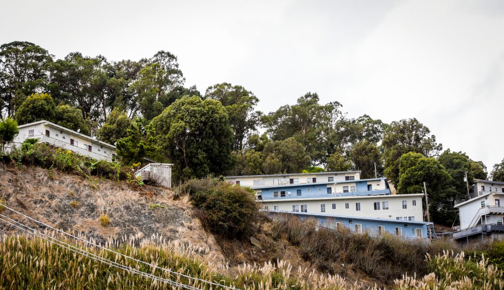 Portrero Hill in San Francisco, California. (photo by Kate Medley). Shot of houses on a terrace.