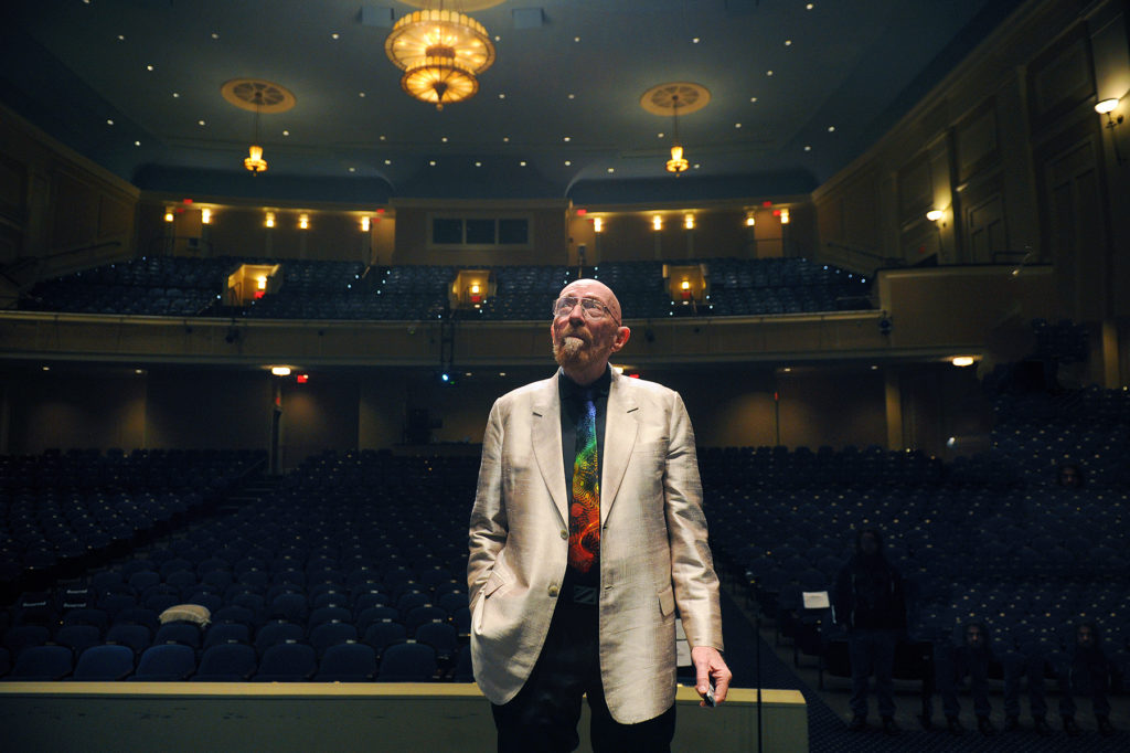 Thorne and his collaborators won the Nobel Prize in Physics in 2017. (photo by Donn Young) This photo shows him gesturing to the audience and is a closeup shot.