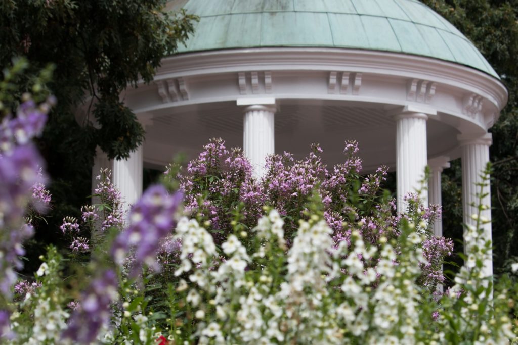 Closeup view of the Old Well with purple and white flowers in the front in August.