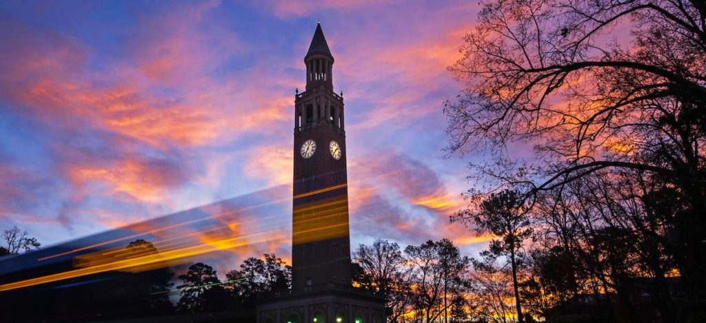 Early morning UNC Morehead-Patterson Bell Tower campus scene. (Jon Gardiner/UNC-Chapel Hill)