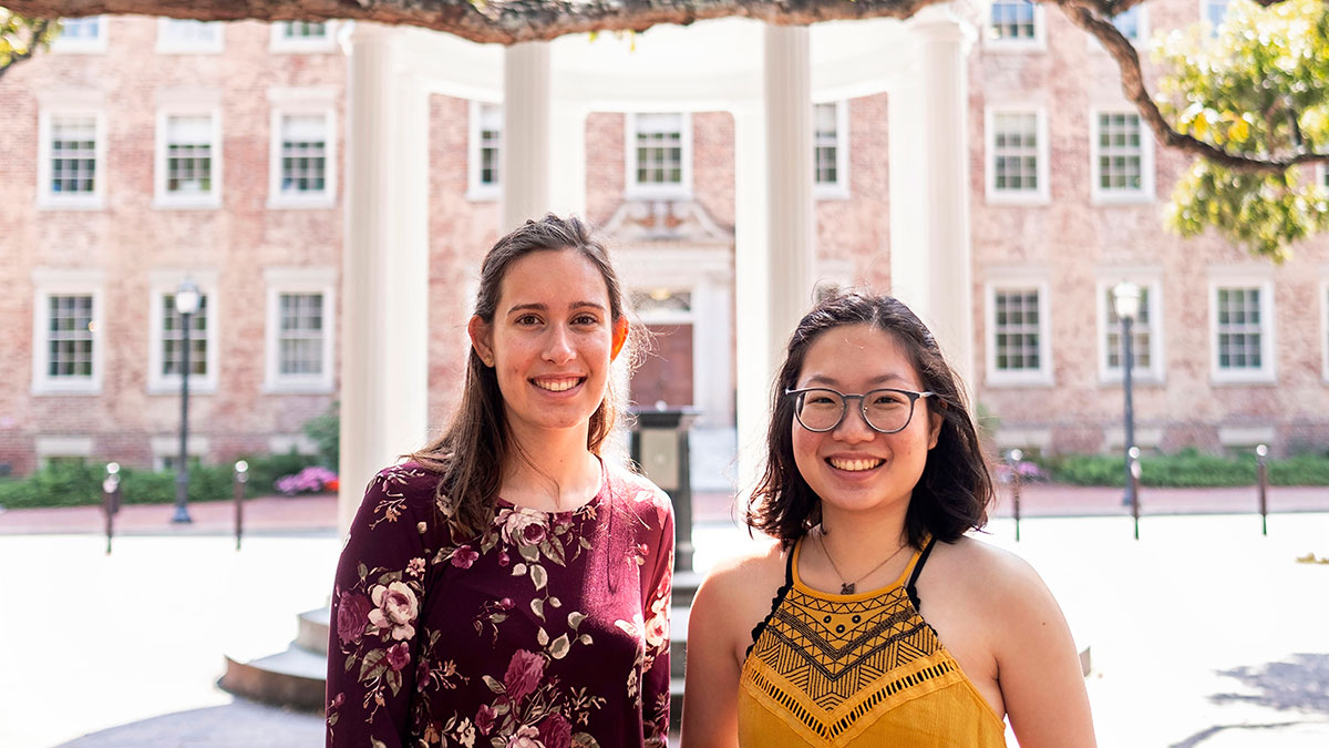 Best friends Brianne Vasarhelyi (left) and Pinyu Chen pose in front of the Old Well.