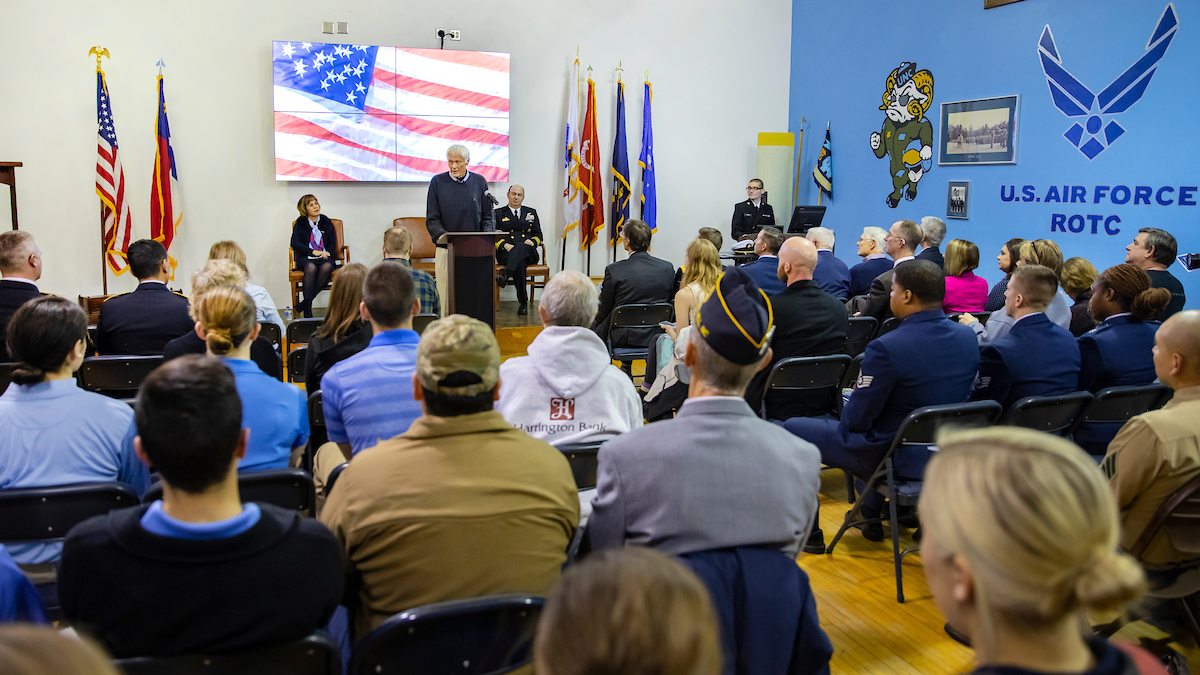 Guest speaker retired Capt. Larry Greenwold speaks to the audience at the Veterans Day Ceremony. (photo by Johnny Andrews, UNC-Chapel Hill.)