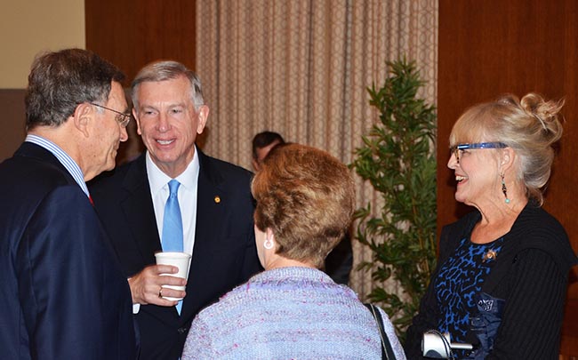 UNC President Tom Ross, center, speaks with Carolina English professor Marianne B. Gingher, far right, and Bill Moore, chairman of the board of RTI International, during a panel discussion that examined how the humanities and the arts contribute to public education in North Carolina.