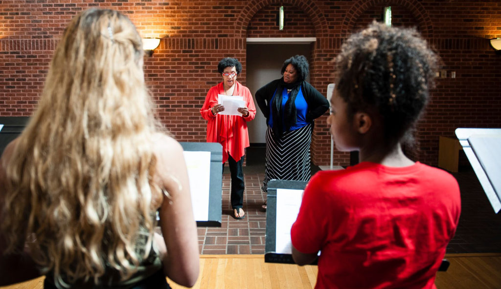 Foreground, from left: Kathryn Hunter-Williams and Jacqueline Lawton in rehearsals for 'ARDEO' at the UNC School of the Arts. (photo by Christine Rucker)