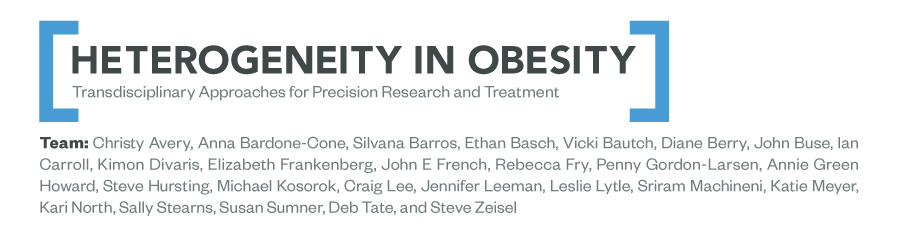 Project title: Heterogeneity in Obesity." Transdisciplinary Approaches for Precision Research and Treatment. Team members include Christy Avery, Anna Bardone-Cone, Silvana Barros, Ethan Bausch, Vicki Bautch, Diane Berry, John Buse, Ian Carroll, Kimon Divaris, Elizabeth Frankenberg, John E French, Rebecca Fry, Penny Gordon-Larsen, Annie Green Howard, Steve Hursting, Michael Kosorok, Craig Lee, Jennifer Leeman, Leslie Lytle, Sriram Machineni, Katie Meyer, Kari North, Sally Stearns, Susan Sumner, Deb Tate, and Steve Zeisel.