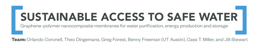 Project title: Sustainable Access to Safe Water. Graphene-polymer nanocomposite membranes for water purification, energy production and storage. Team members include Orlando Coronell, Theo Dingemans, Greg Forest, Benny Freeman (UT Austin), Cass T. Miller, and Jill Stewart.