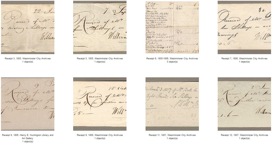 A Screen capture showing eight of W9illiam Blake's handwritten receipts. 