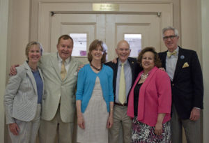 Appearing at a recent "closing ceremony" for Hill Hall were from left, Dean Karen Gil, Tom Kenan, Susan and James Moeser, Louise Toppin and Douglas Zinn, executive director of the Kenan Trust. (photo by Kristen Chavez)