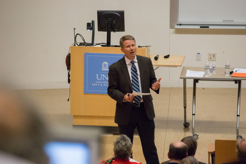 Dean Kevin Guskiewicz has been on a “listening and learning tour” in the past year, “meeting with faculty and department chairs and traveling all over the country and abroad to meet with passionate Carolina alumni.” (photo by Kristen Chavez)