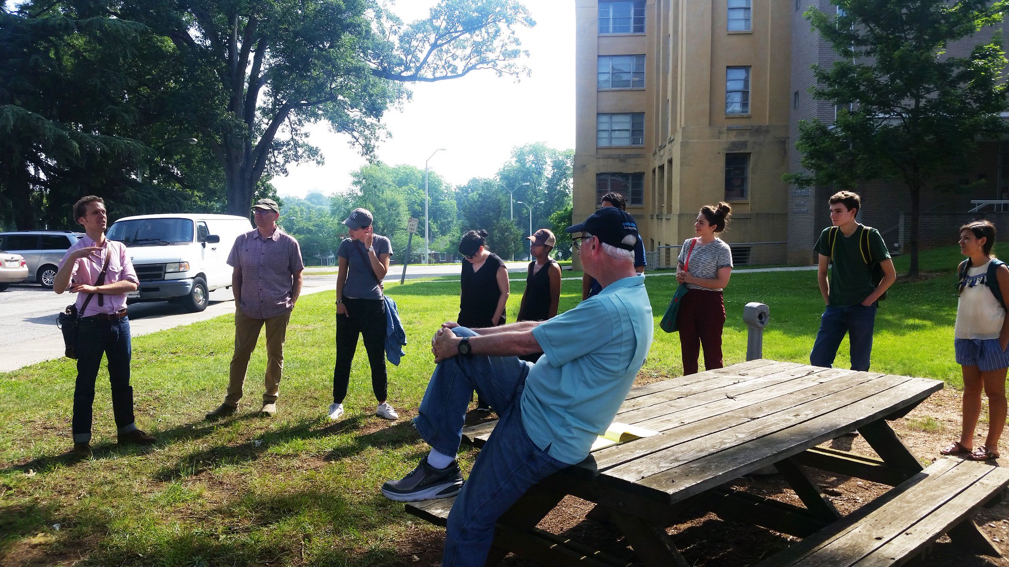 The Community Histories Workshop team touring Dix Park with artist Annie Temmink and designer Micah Kessel.