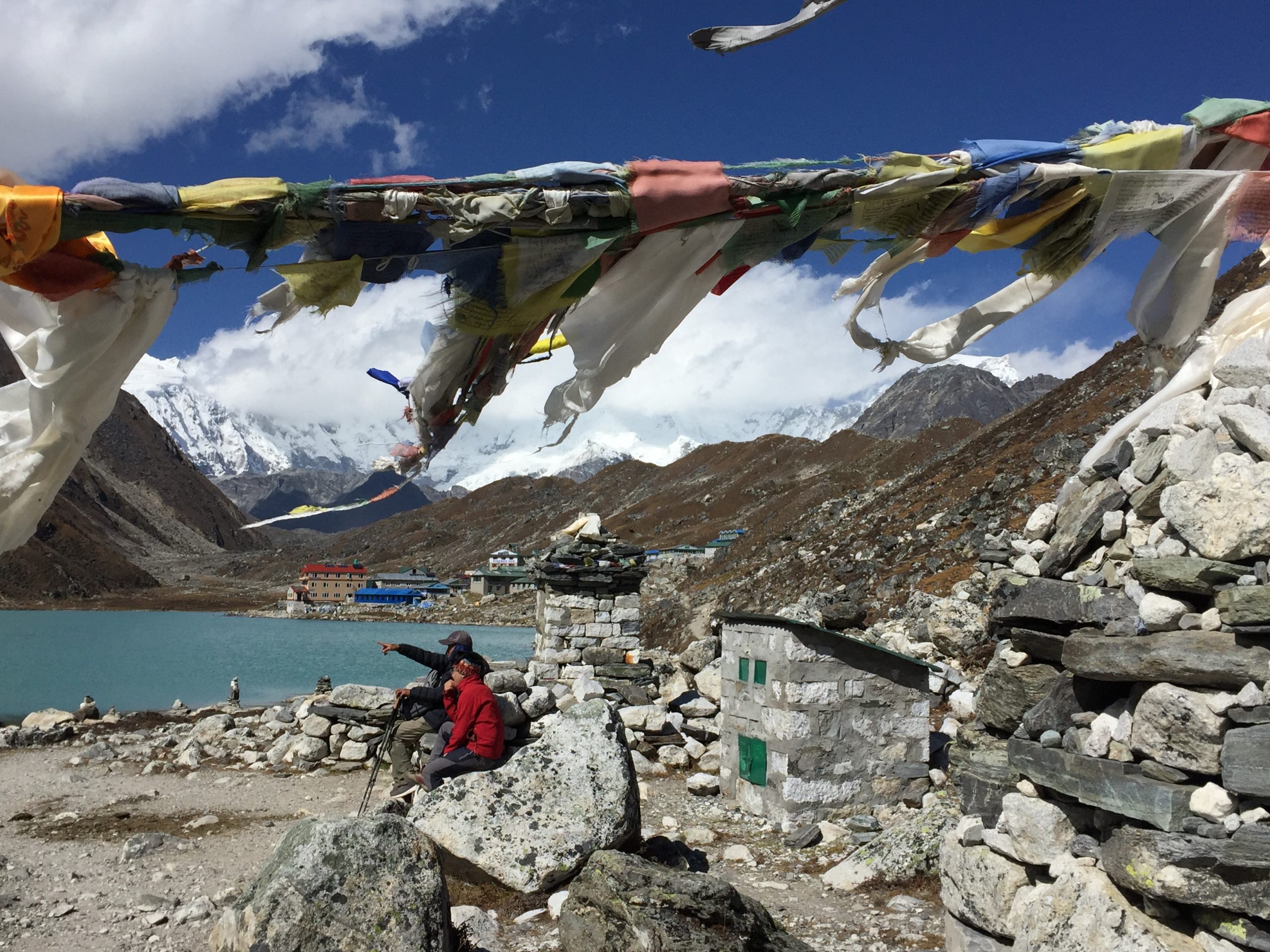 Lake 3 and prayer flags; the flags indicate the sacred nature of the lake. (photo by Lauren Leve)