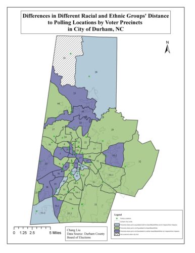 map on different racial and ethnic groups' distance to polling locations 