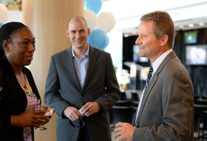 From left, Pat Parker, chair of the communication department, Guskiewicz and Jason Mihalik, co-director [along with Guskiewicz] of the Matthew Gfeller Sport-Related Traumatic Brain Injury Research Center. 