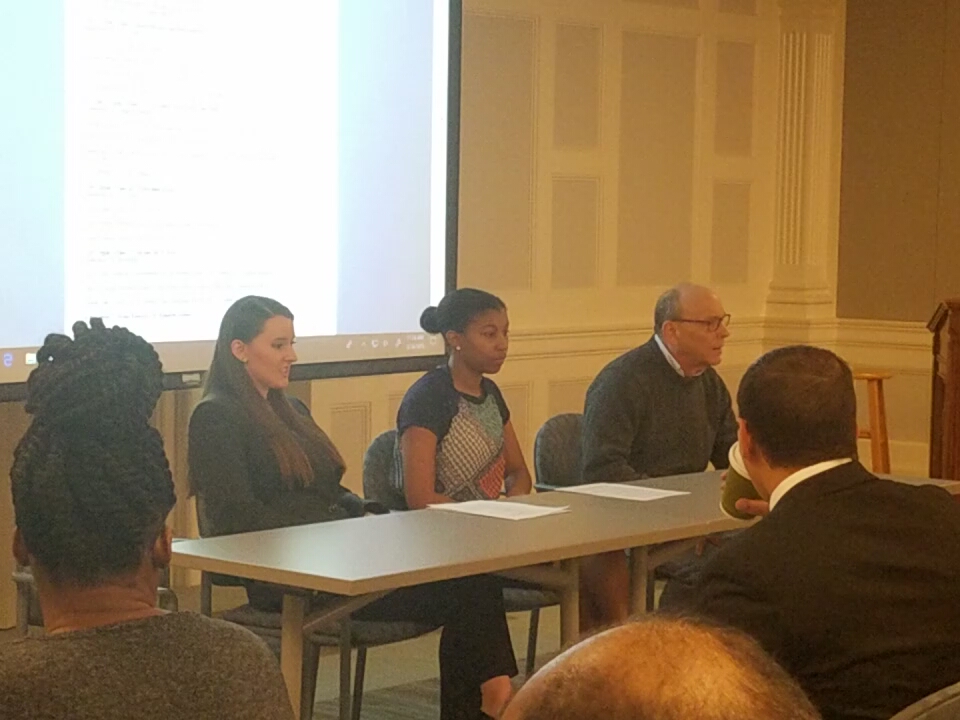 From left to right, Bailey Nelson and Maxine Richmond with moderator Professor Kenneth Janken.