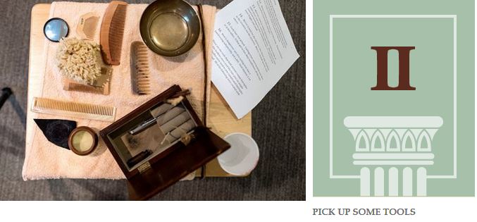 A table with haidressing tools is shown and the words at the bottom say: "Pick up some tools"