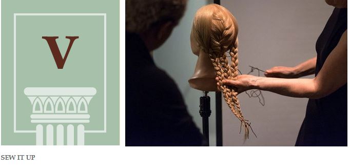 Another dummy head with long hair is shown close up, with multiple braids now trailing down the back. The words underneath say "Sew it Up."