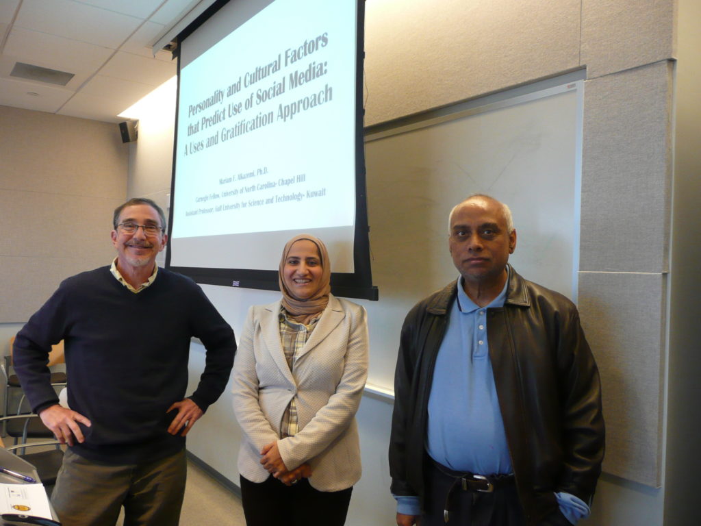 Mariam Alkazemi, Gulf University for Science & Technology, with advisor Deb Aikat and UNC Mideast Center program director, Charles Kurzman.