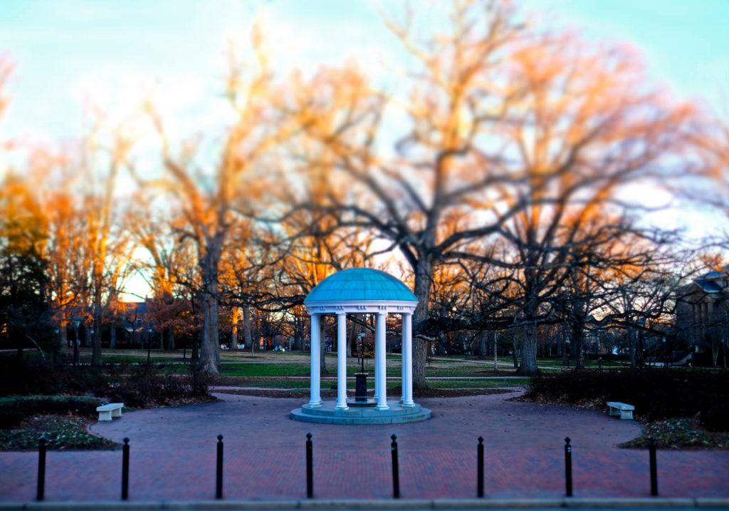 Campus scene of the Old Well created using a tilt-shift filter effect.