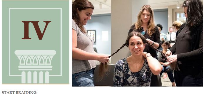 A woman is sitting in a chair while several other women begin braiding her long hair in sections. Words at the bottom of the photo read: "Start braiding."