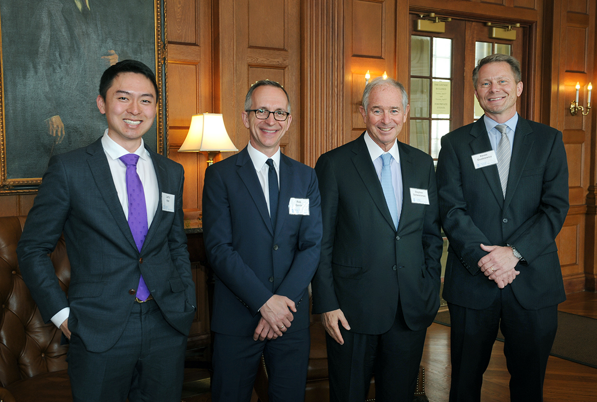From left, Larry Han, Robert Garris, Stephen Schwarzman and Kevin Guskiewicz. (photo by Donn Young)
