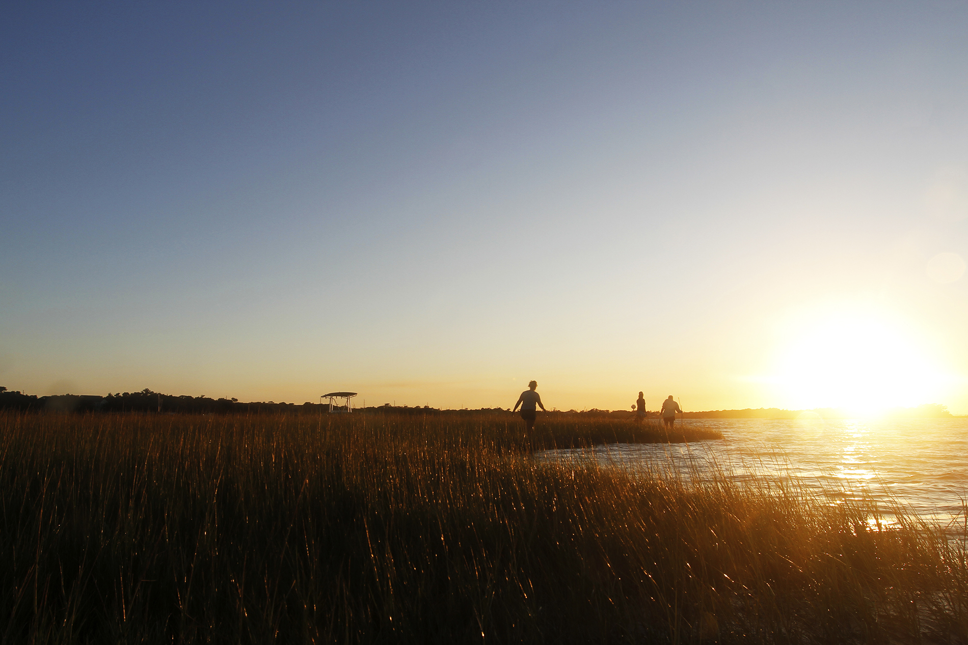 The sun sets as Ziegler and her team head to their next site. You can see their tiny figures off in the distance as the sun sets on the marsh in the foreground.