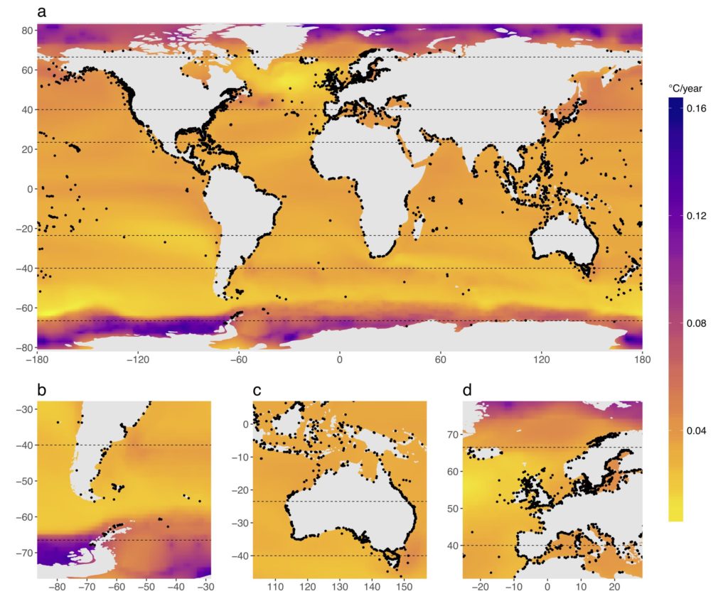 The graphic shows the projected warming per year (indicated by the color-coded bar on the right) of the world’s marine protected areas (indicated by the black dots).