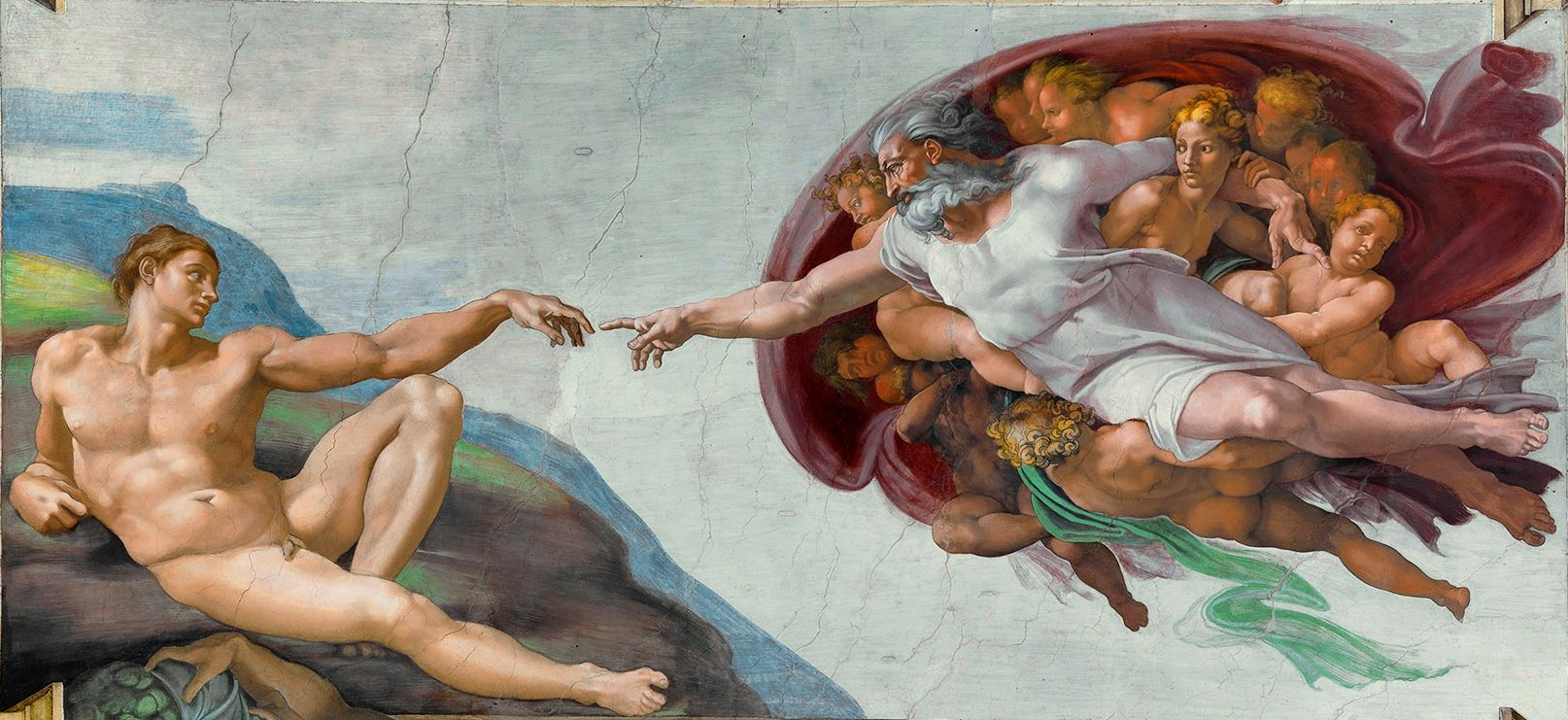 Michelangelo’s “Creation of Adam,” in which God (top right) is depicted as a stern, white-bearded man. 