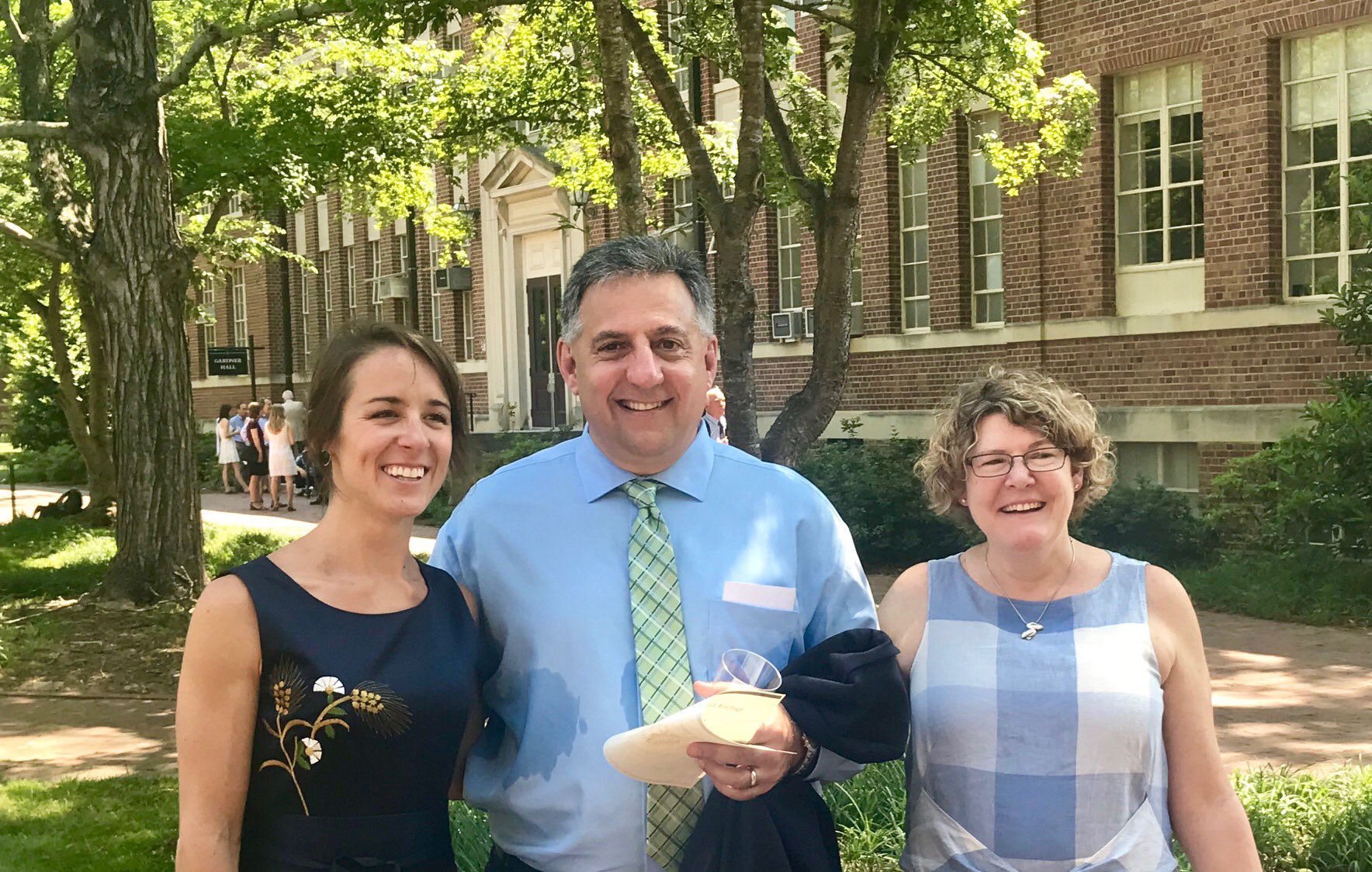 From left, Liza Schillo, Greg Gangi and Jaye Cable at the May 2018 graduation ceremony for the curriculum for environment and ecology.