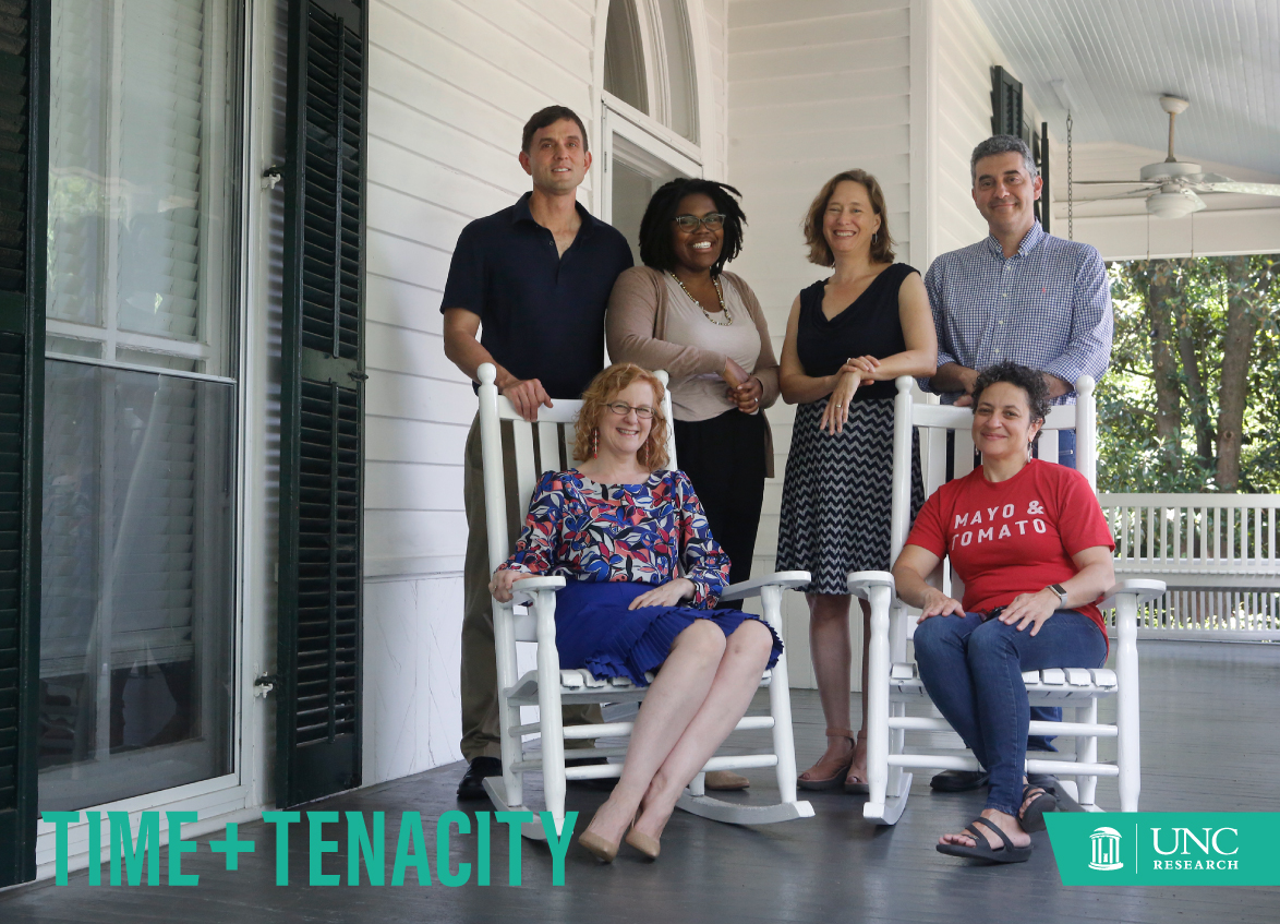 Carolina's keepers of the South (left to right, back row first): Bryan Giemza, Chaitra Powell, Rachel Seidman, Steve Weiss, Elizabeth Engelhardt, and Malinda Maynor Lowery. (photo by Megan May) (Sitting on front porch of Love House and Hutchins Forum)
