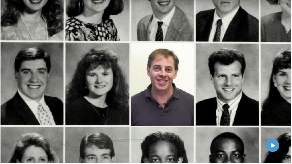 Montage of a yearbook photo spread with black and white pictures of students and professor Mitch Prinstein's yearbook photo, in color, in the center of the spread.