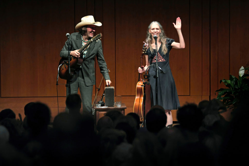 On the eve of Thomas Wolfe’s 118th birthday, Grammy Award-winning lyricist and musician Gillian Welch, this year’s Wolfe medal recipient, and her song-writing partner David Rawlings performed in Moeser Auditorium. (photo by Jon Gardiner)