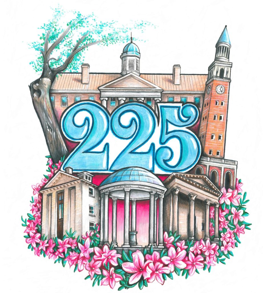 Original drawing with the 225 in blue to celebrate Carolina's birthday. Buildings represented included the Old Well, the Davie Poplar, Old East, Historic Playmakers Theatre, Wilson Library and the Bell Tower.