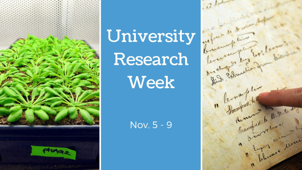Image shows the words "University Research Week Nov. 5-9:" and a picture of a plant on one side and a notebook with writing on the other side.