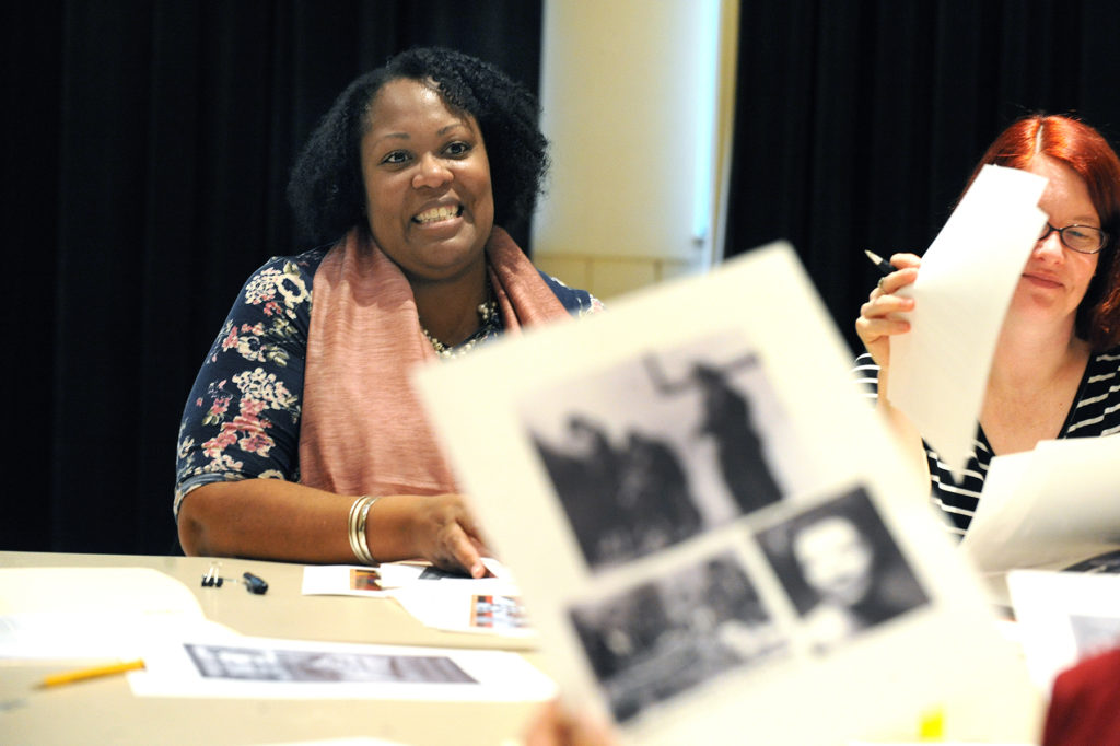 From left, playwright Jacqueline Lawton and dramaturg Jules Odendahl-James at a Dec. 1 workshop for "Edges of Time," a play about the life of black female journalist Marvel Cooke. (photo by Donn Young)