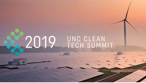2019 UNC Clean Tech Summit -- the words are emblazoned on a windmill with the ocean in the background