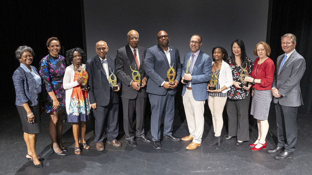 Pictured in group photo: 2019 Diversity Awards. Alumni – Howard Lee ’66, Chapel Hill’s mayor for three terms, Secretary of the Department of Natural Resources and Community Development, NC Senator for 10 years, Chairman of the NC State Board of Education and Executive Director of the NC Education Cabinet. In retirement, founded the Howard Lee Institute. He earned his Master’s degree in Social Work from Carolina. Staff – O.J. McGhee, Manager, Instructional Media Services, Gillings School of Global Public Health Faculty – (TIE) Deb Aikat, Associate Professor, School of Media and Journalism and Evan Ashkin, Professor, UNC Family Medicine, Founder, NC FIT program, Physician, Prospect Hill Community Health Center, Regional Medical Director, Community Care of NC Graduate/Professional Student – Mariel Marshall, Master’s student of Clinical Rehabilitation and Mental Health Counseling in Allied Health Sciences. Undergraduate Student – Jermaine Bryant (senior, Johns Creek, GA), a Classics major Intergroup Collaboration – Diversity and Student Success in the Graduate School. (Jon Gardiner/UNC-Chapel Hill)