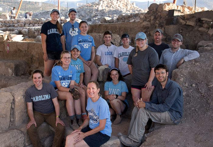 Jodi Magness (front) with students in 2018 at a dig in Huqoq, Israel. (photo by Jim Haberman)