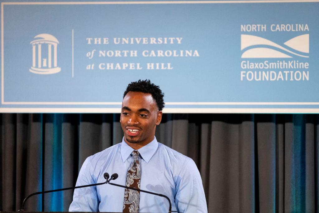 Kolby Hunter, C-STEP Program student speaks during a C-STEP announcement. The University of North Carolina at Chapel Hill, thanks to a grant from the North Carolina GlaxoSmithKline Foundation, announced an expansion of its nationally recognized Carolina Student Transfer Excellence Program and the creation of a new program to give specialized support to C-STEP students interested in the STEM field. January 11, 2019 (Jon Gardiner/UNC-Chapel Hill)