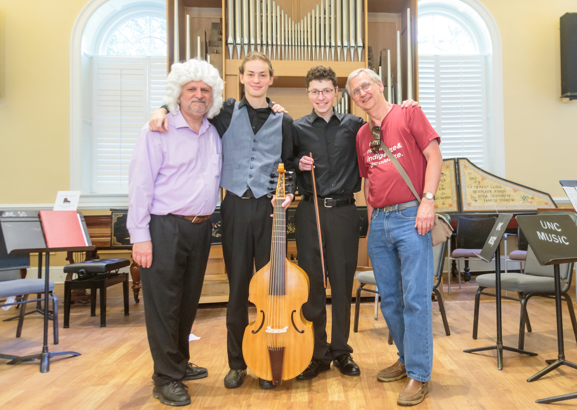 Professor Brent Wissick, Barron Northrup, Corbin Bryan, and John Pringle after the UNC Baroque Ensemble and Consort of Viols concert on April 28, 2019. (Photo by Max Bazil)