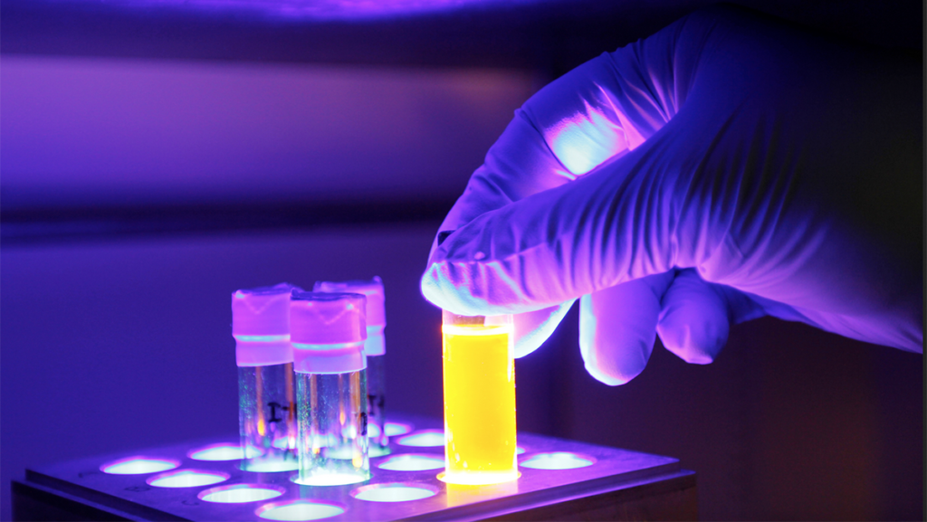 closeup of hands and test tubes. The hands are wearing purple gloves and the lighting is purple surrouding the photo.