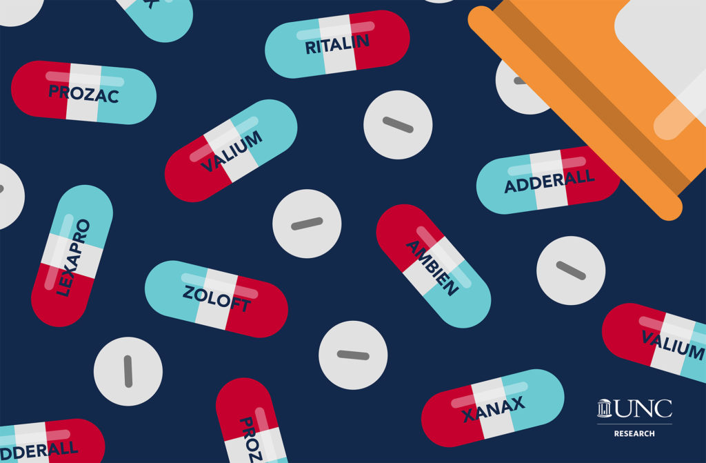 Graphic illustration of psychoactive medication pills