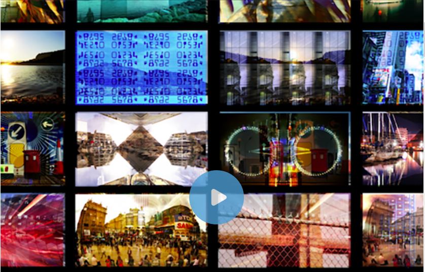 Collage image shows a multitude of digital screens with information running across them from a stock market ticker tape to photos from around the world, all illustrating the rapid use of digital technologies.