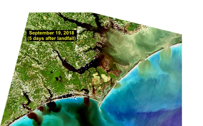 NASA/USGS Landsat satellite images of coastal North Carolina after the passage of Hurricane Florence on Sept. 15, 2018.