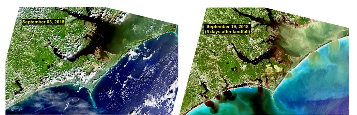 NASA/USGS Landsat satellite images of coastal North Carolina before and after the passage of Hurricane Florence on Sept. 15, 2018. Paerl, Hall, Hounshell, Luettich, Rossignol, Osburn and Bales, 2019.